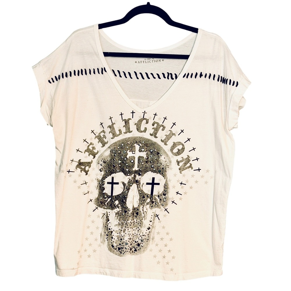 Affliction Womens M Skull Studded Rhinestone T Shirt White Y2K Mall Goth USA